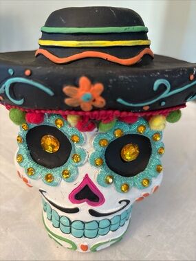 Colorful Sugar Skull Party Decoration - Black Hat, Teal & Orange Accents